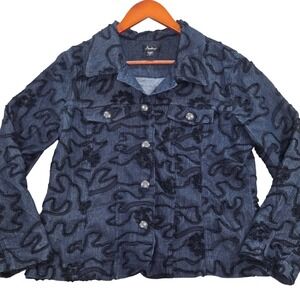 Analogy Women's Denim Jacket L Blue Black Ribbon Embellished‎ Lightweight